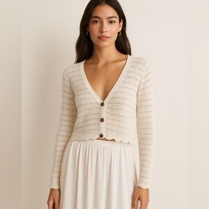 Pink Rose White Crochet Knit Button Front Cropped Cardigan XS